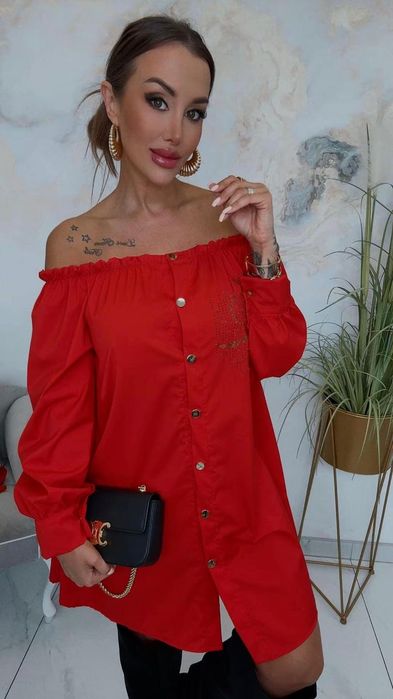 Elegancka sukienka koszula z paskiem cyrkonie kolory Lola bianka