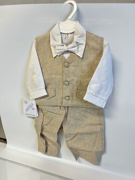 Komplet Chrzest dla Chłopca / Len / Beżowy - rozmiar 68