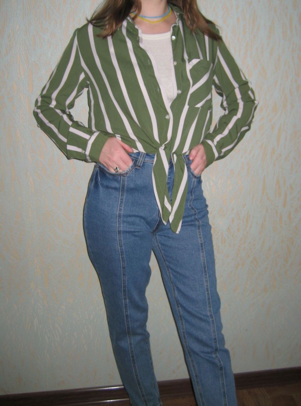 Зелена рубашка на зав'язках, в полоску, рубаха в смужку, смугаста