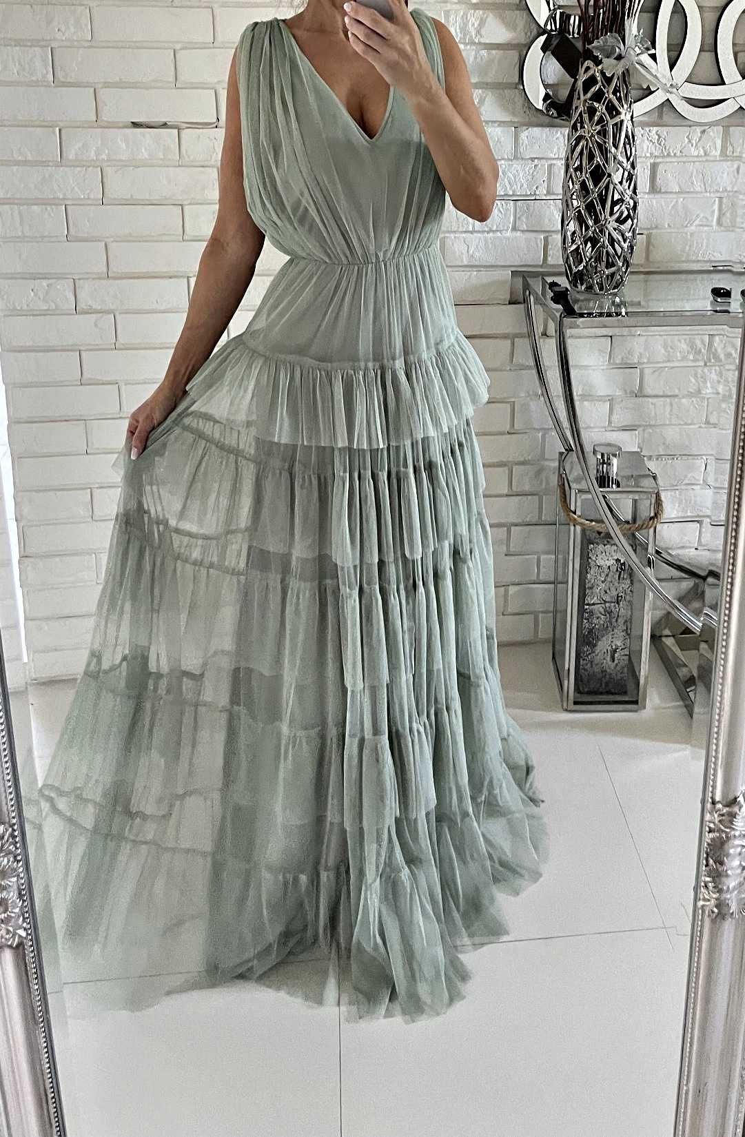 Sukienka maxi tiulowa falbany 42 44 wesel ślub Zalando asos