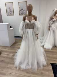 Nowa błyszcząca gorsetowa suknia ślubna z trenem bogato zdobiona 36 38