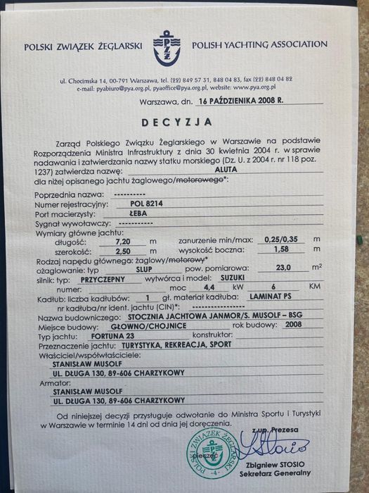 Sprzedam Jacht Żaglowy Fortuna 23