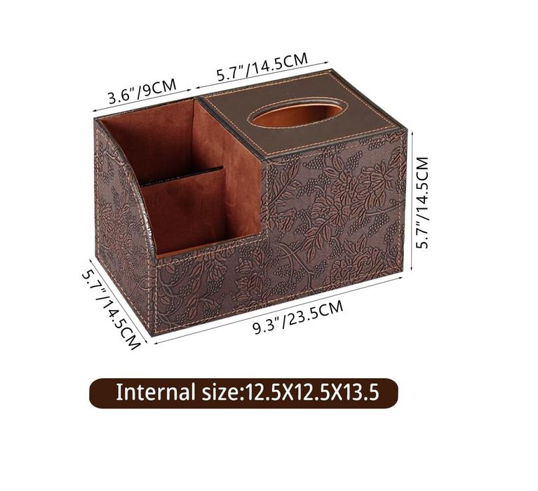 Organizer Biurko 2 Przegródki Pudełko Chusteczki Skóra PU Brązowy
