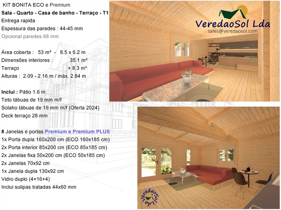 Casa Madeira KIT BONITA 50m² T1 - 44-58 e 68mm Terraço 8.3m² 3 Modelos