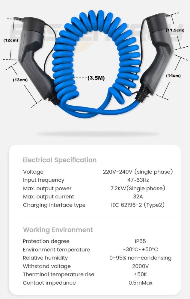 Cabo de carregamento VE 32A 7.2kW