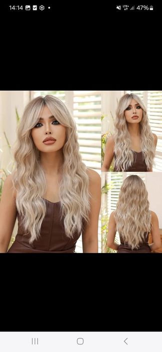 Nowa blond peruka naturalna fale loki z grzywką długa z odrostem tanio