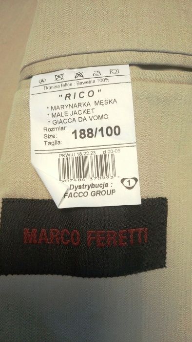 garnitur męski beżowy casual na lato MARCO FERETTI rozm 188/100