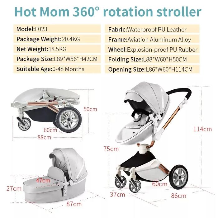 Wózek Hot Mom 360 Rotation 2w1 gondola + spacerówka 0-36m Dark Gray