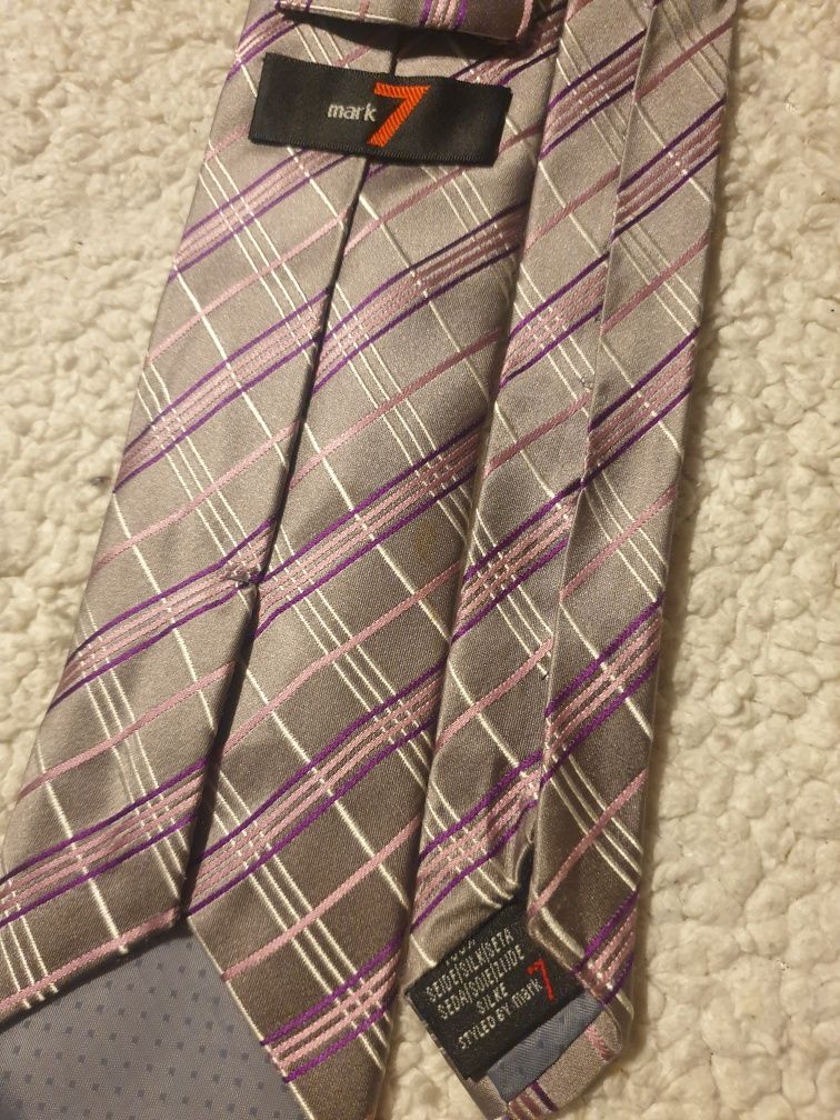 Krawat męski szary beżowy różowy paski jedwabny Mark7