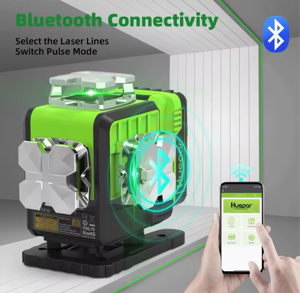 Лазерний рівень Huepar P04CG 4D , Зелений лазер 360° , Bluetooth
