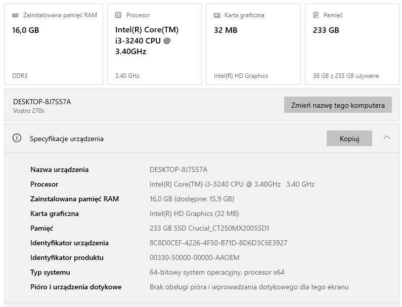 Komputer Dell Vostro 270s i3 8 GB RAM SSD 250 CT275MX300 Windows 10