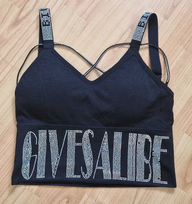 Piękny crop top z cyrkoniami i paskami na dekolcie S