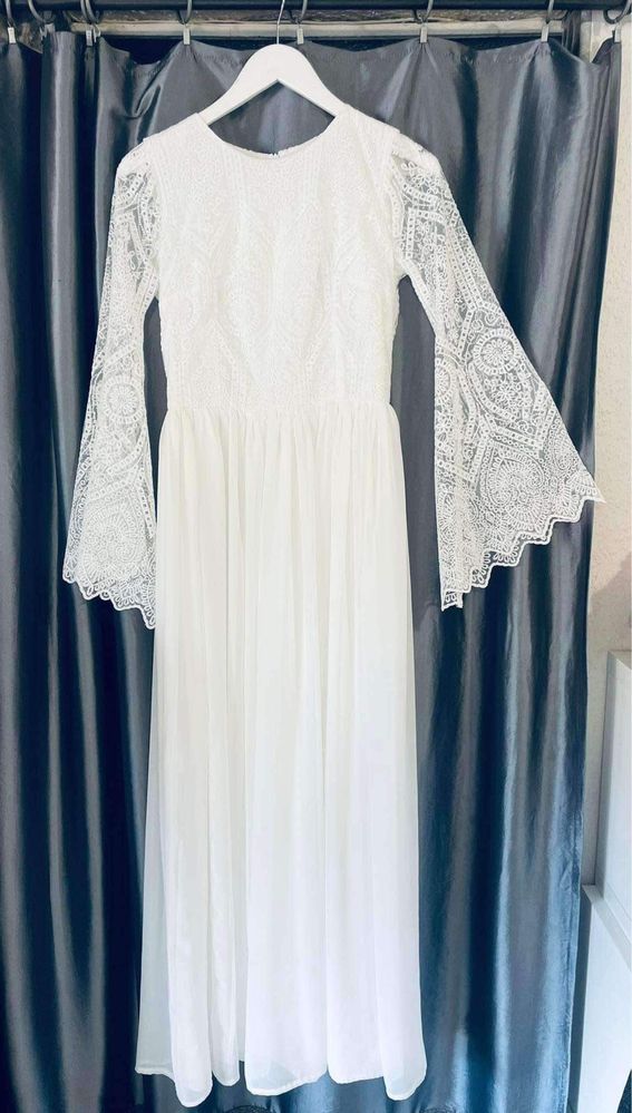 Sukienka suknia ślubna boho rustykalna rozkloszowane rękawy S 36