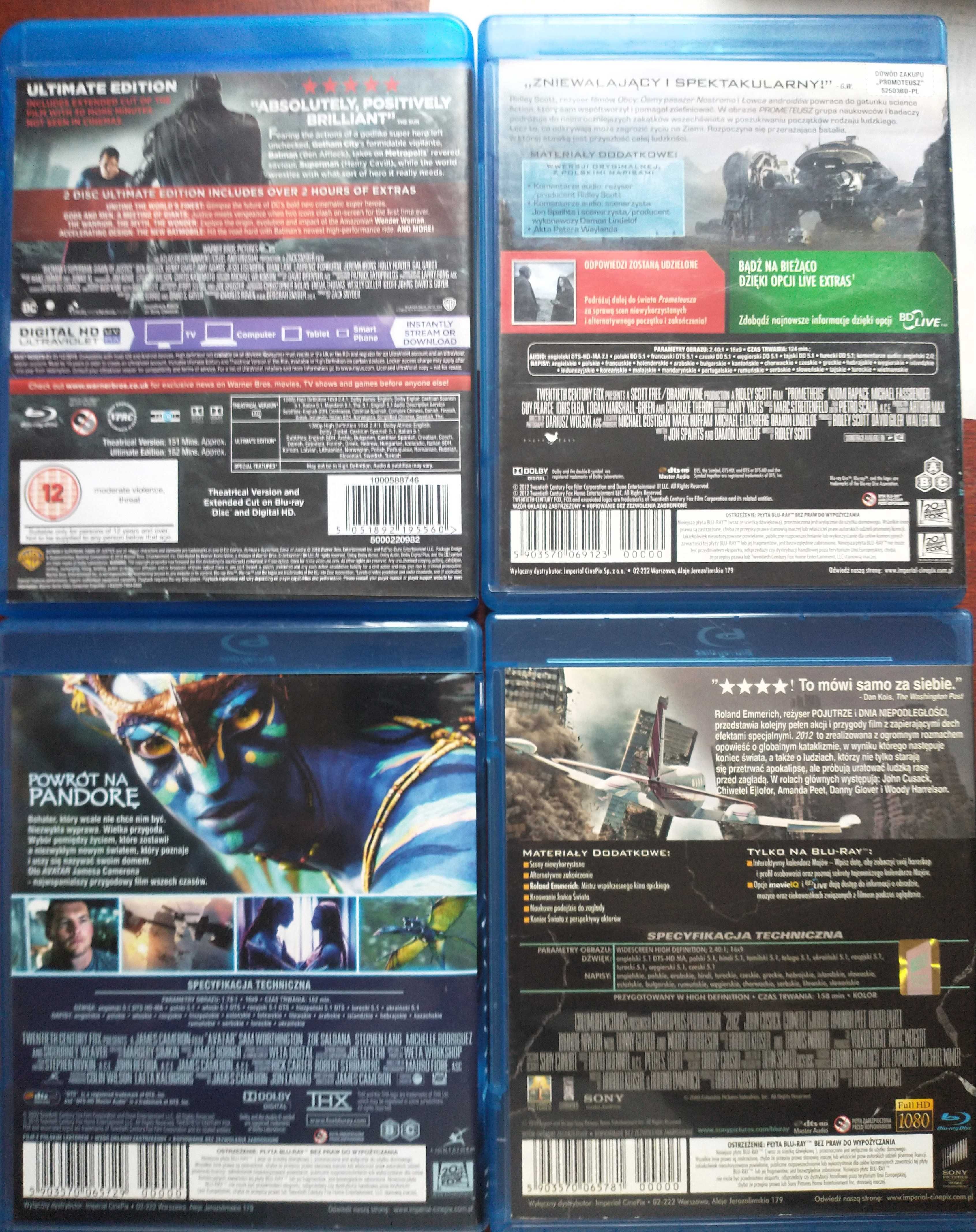 Zestaw 4 płyt Blu Ray - Avatar, Prometeusz, 2012. Batman  vs Superman