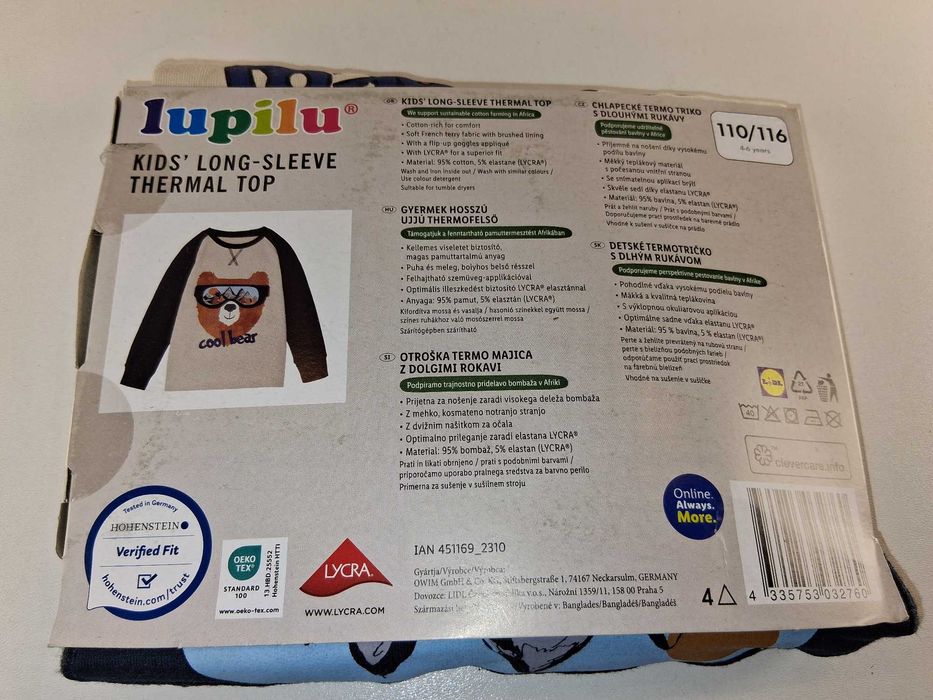 A126 Lupilu Bluzka Termiczna Dziecięca Długi Rękaw Miś 110/116