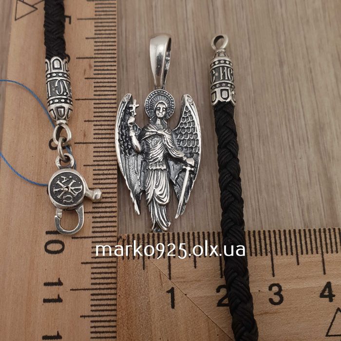 Срібний оберіг Архангел шовковий шнурок джгут зі срібними вставками