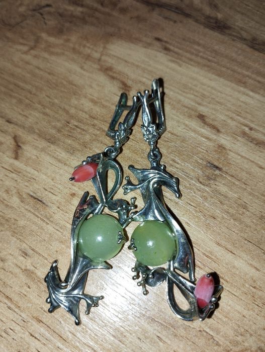 Серьги авторские нефрит и корал