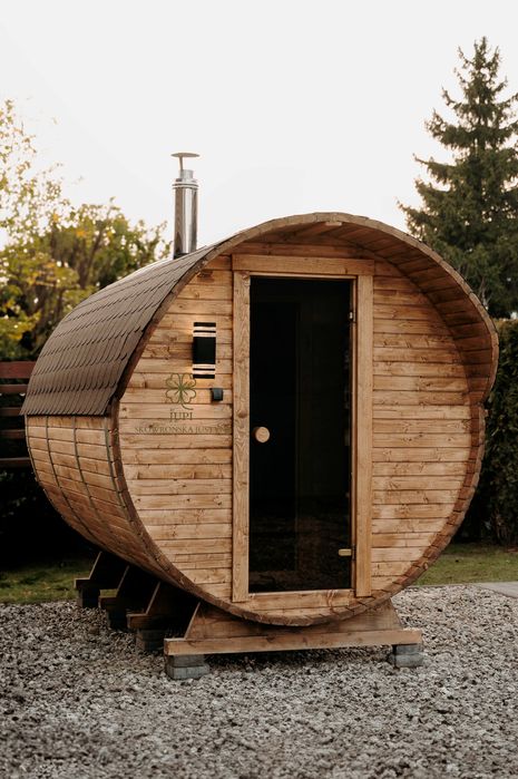 Sauna ogrodowa beczka 340cm z przedsionkiem piecem i oświetleniem LED