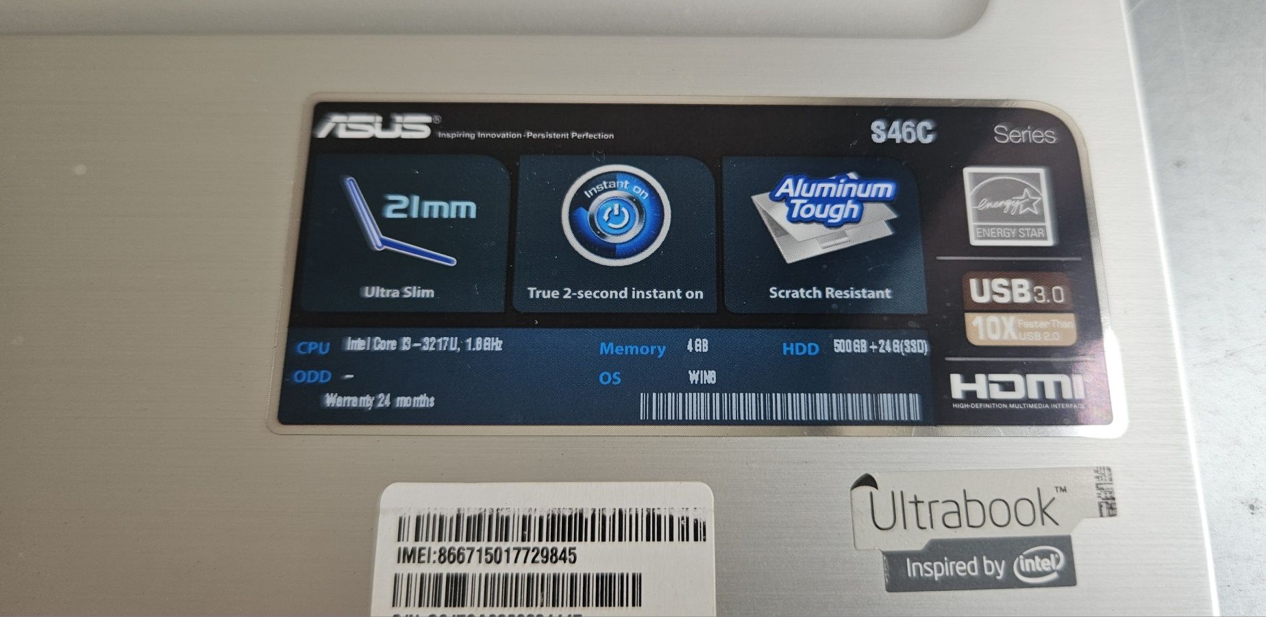 Laptop Asus S46C Core i3 8GB RAM SSD 240GB Win 10