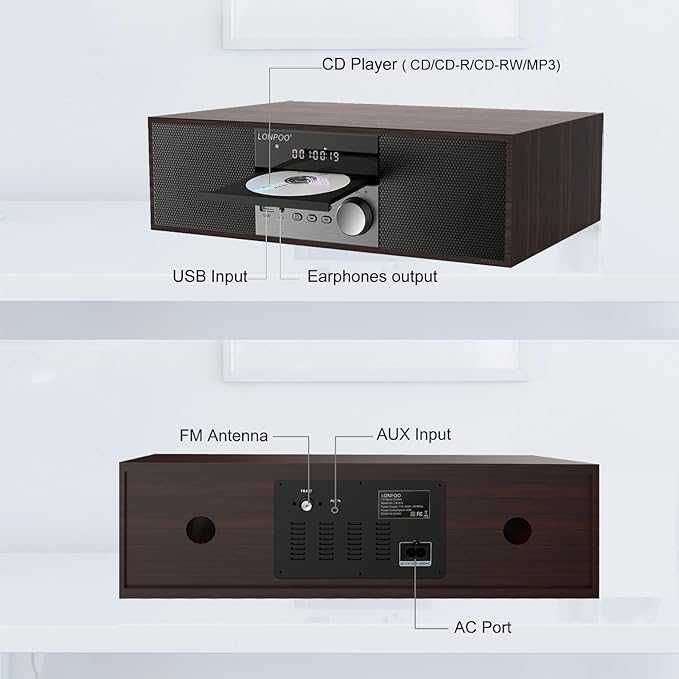 LONPOO HiFi odtwarzacz CD Bluetooth radio FM USB, AUX wyświetlacz LED