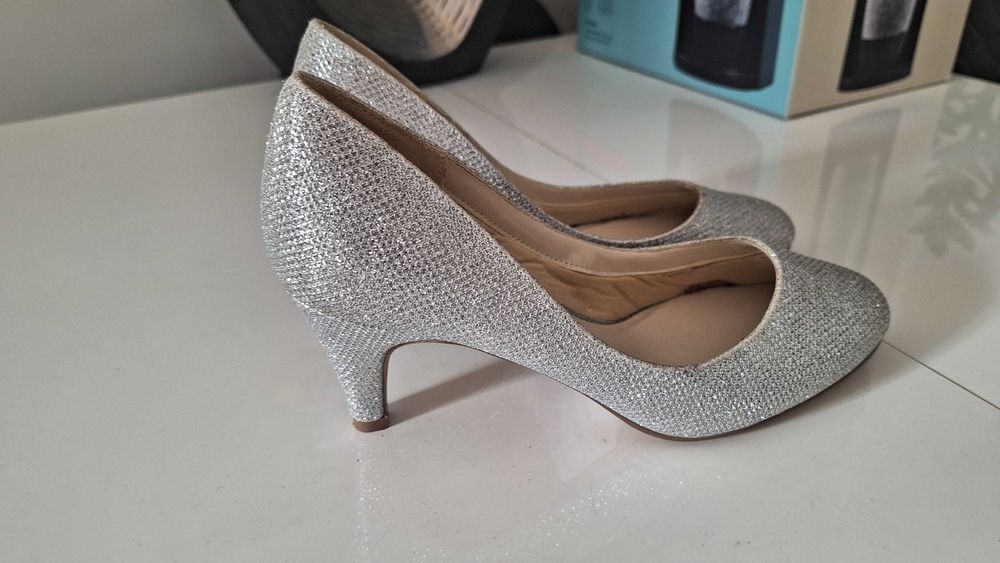 buty czółenka roz38 srebrne wkładka 24 / nowe obcas 7cm /