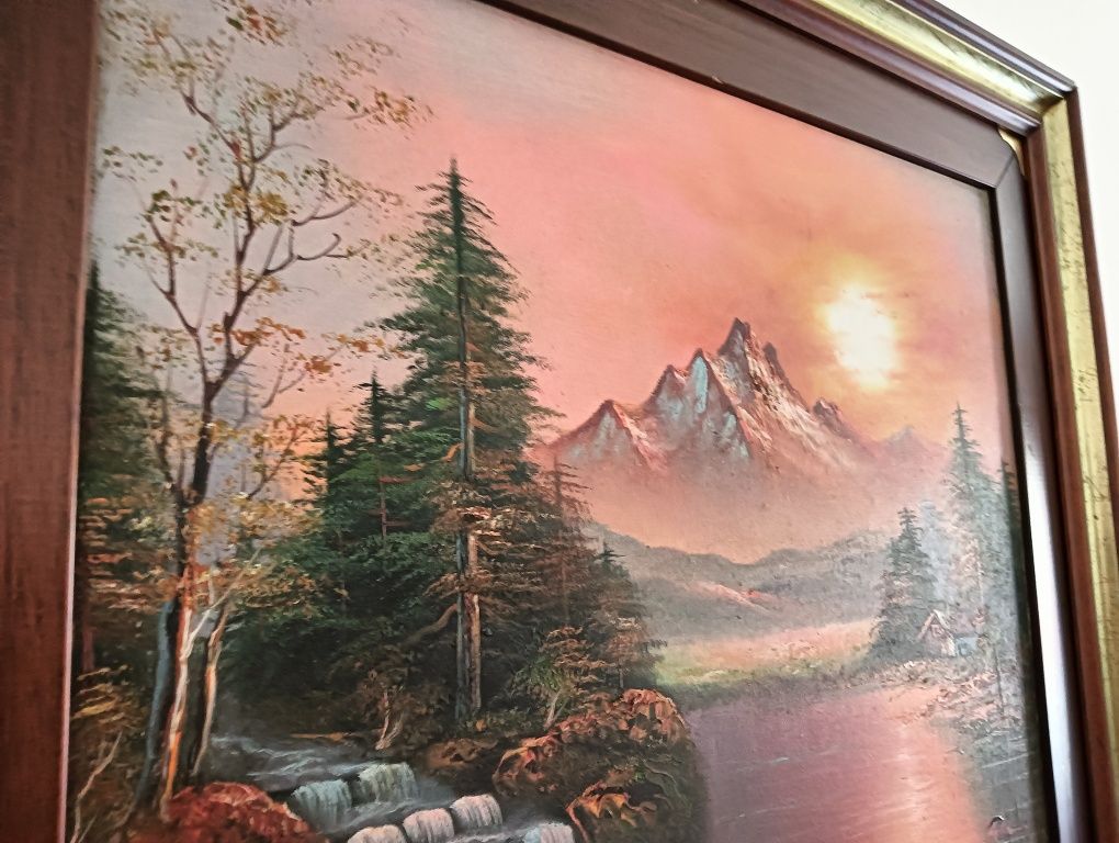 Quadro antigo pintado a óleo: Por do sol na montanha"	68 cm x 58 cm*