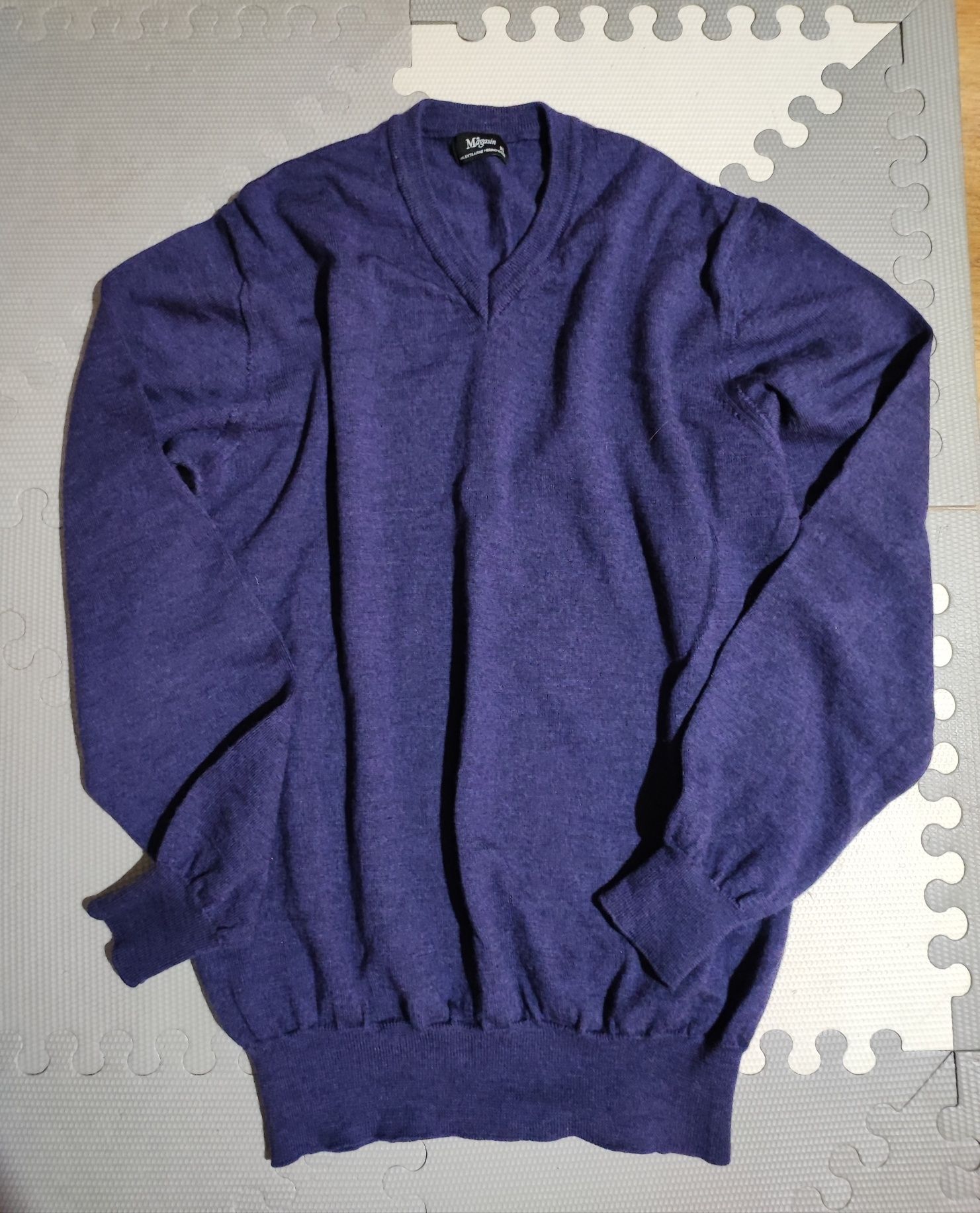 Męski wełniany sweter bluzka bluza w serek merino wool fioletowy XL