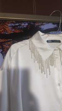 Блузка рубашка Zara c жемчугом белая сатин