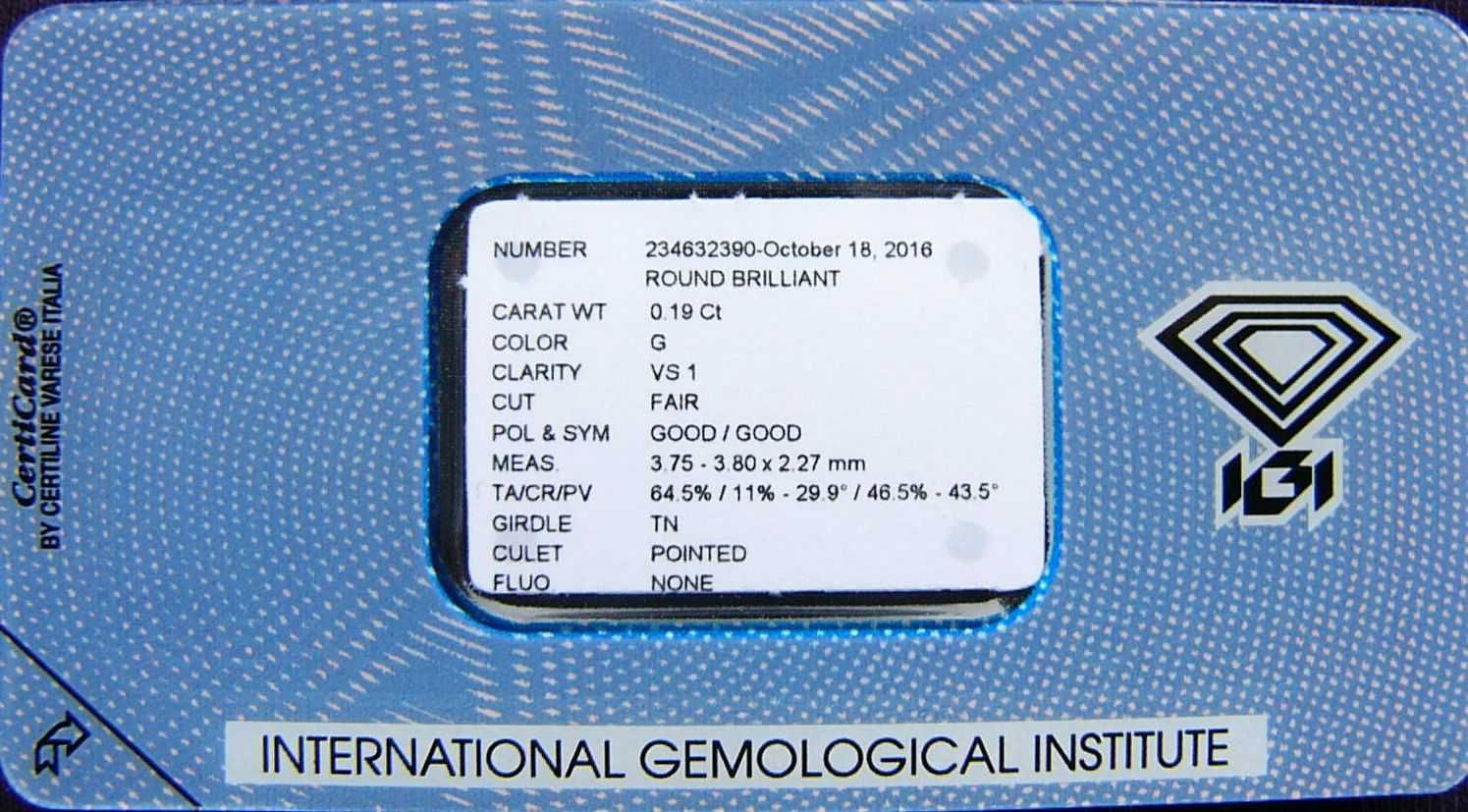 BRYLANT 0.19 ct VS1 G 3,80 mm Certyfikat IGI Diament