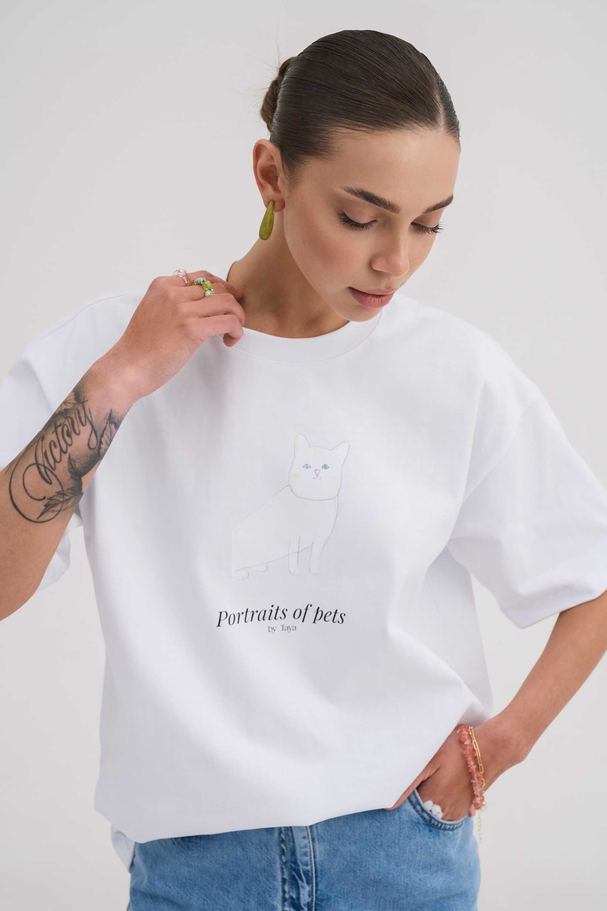 Футболка Portraits of Pets з білим котиком by Rikky Hype & OLX, L