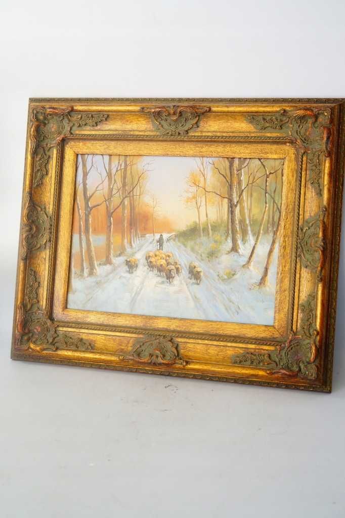 Ładny obraz w złotej ramie barok 59/49 cm zima