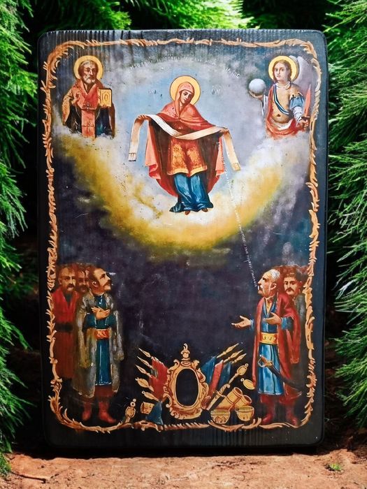 Панно-ікона «Покрова». Козацька ікона на дереві 19×28 см