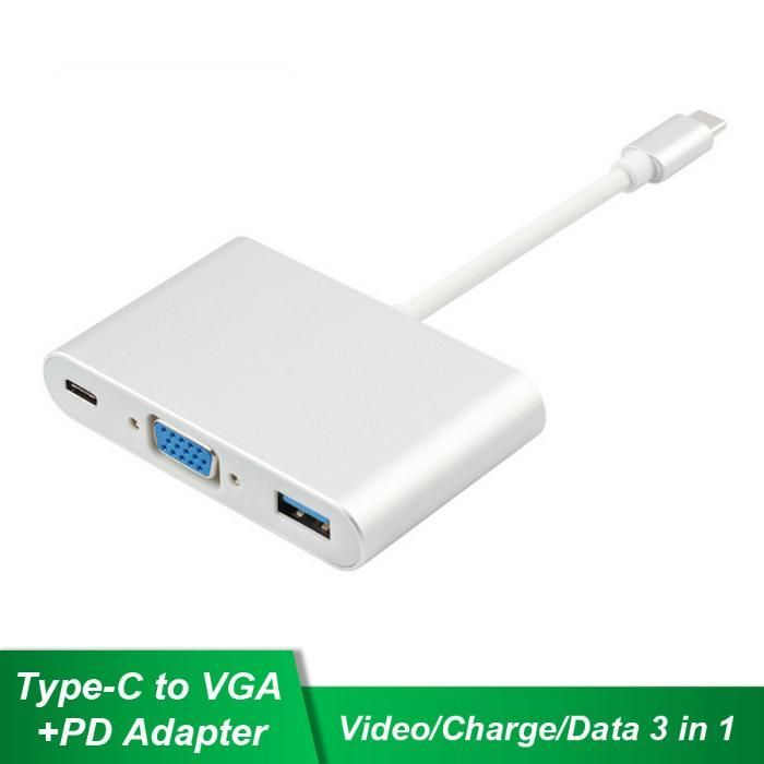Переходник Адаптер Type-C to VGA, USB-3.0, Type-C мама (для зарядки)
