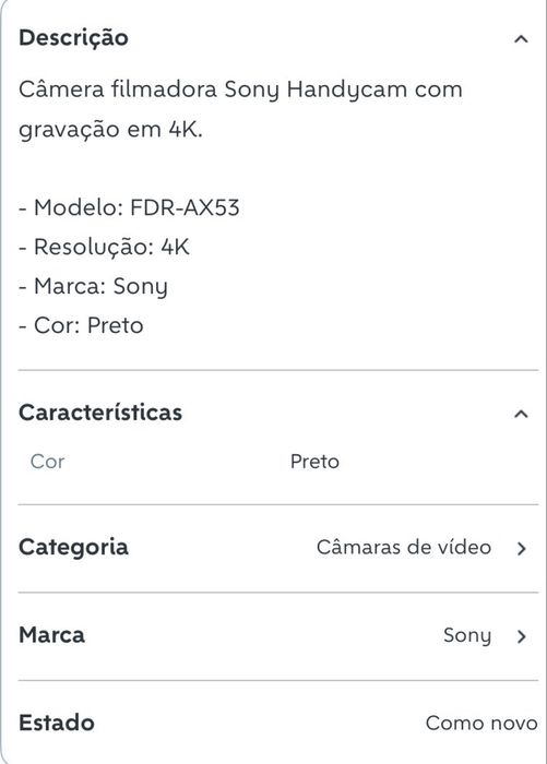 Camera Sony, 4K e cartao