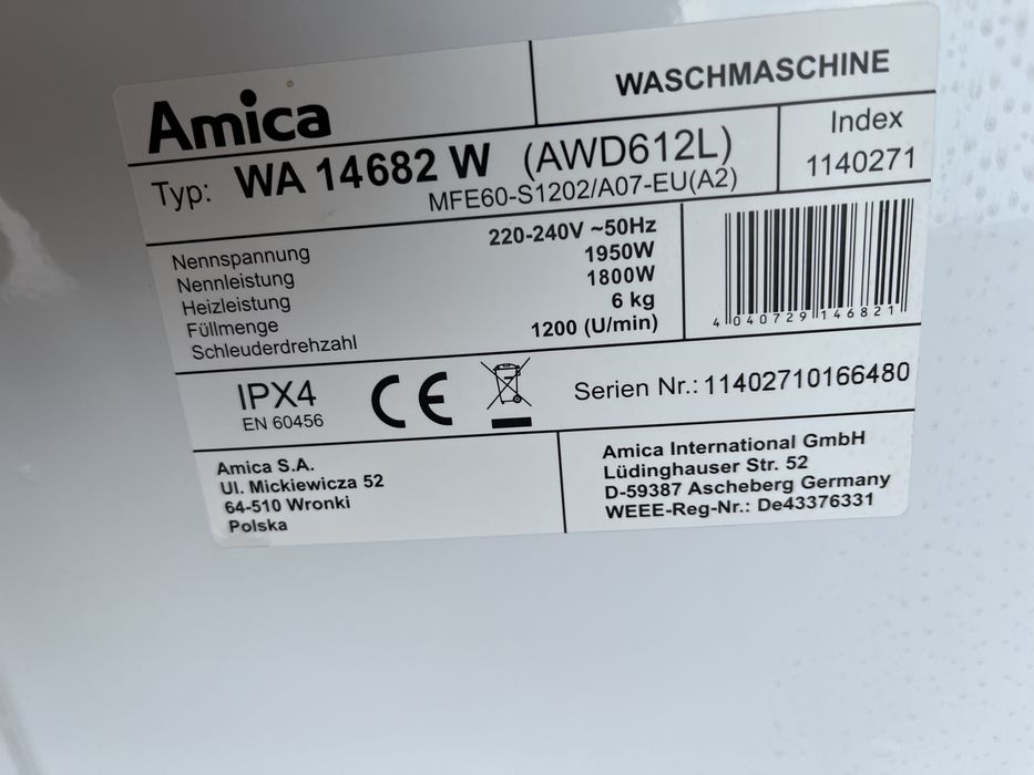 Пральна машина Amica WA687 На 7 кг.Стан ідеальний Глиб 50 см