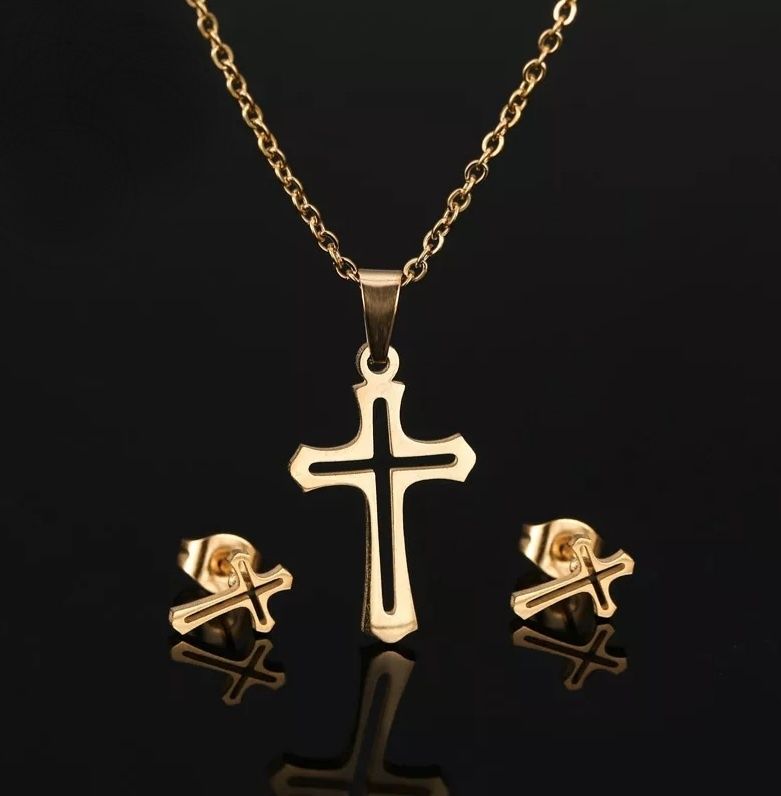 Krzyż Krzyżyk Złoty Komplet Biżuterii Łańcuszek Zawieszka Kolczyki