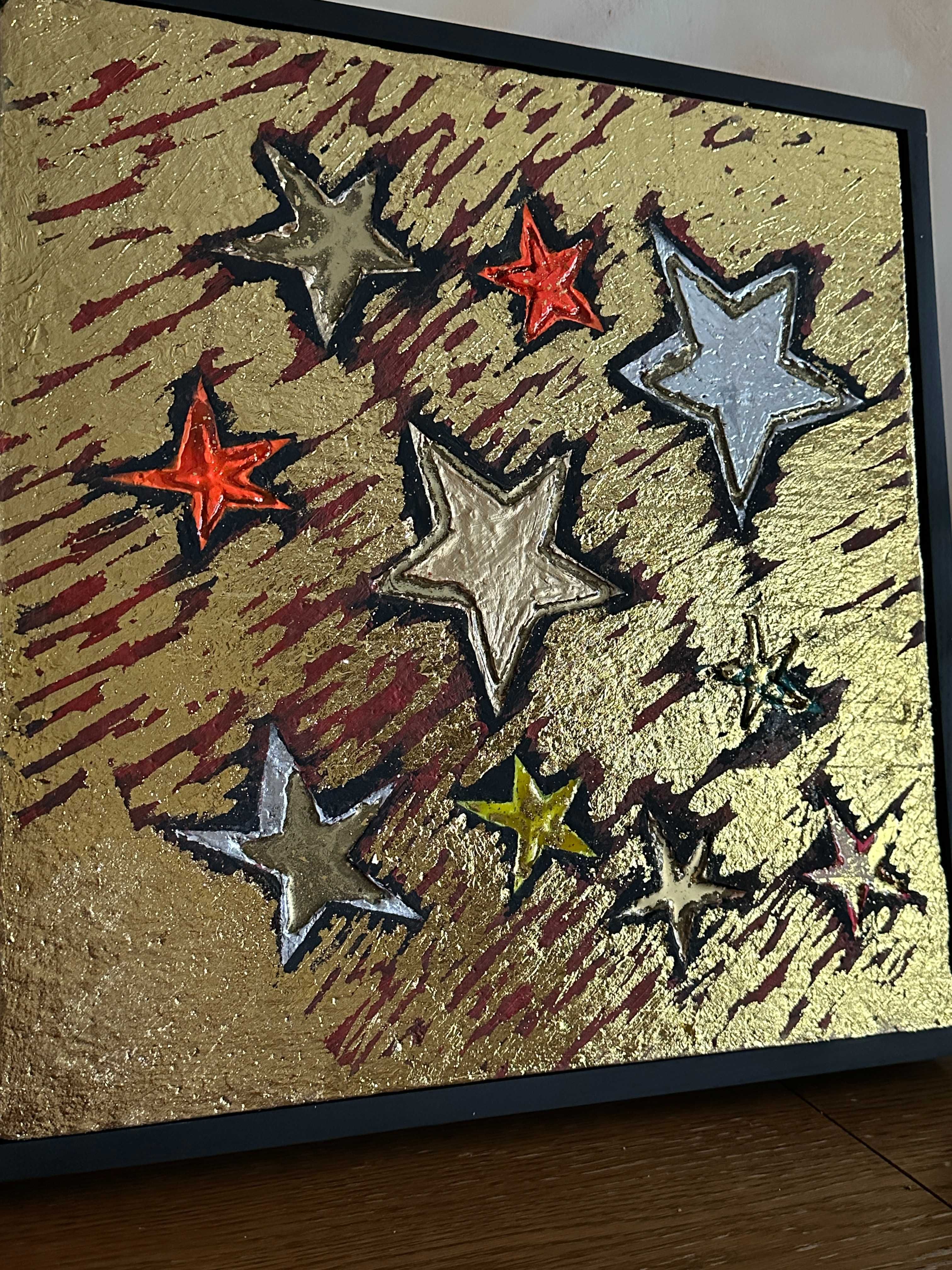 "Gwiazdy" obraz ręcznie malowany strukturalny 50 x 50 cm w ramie