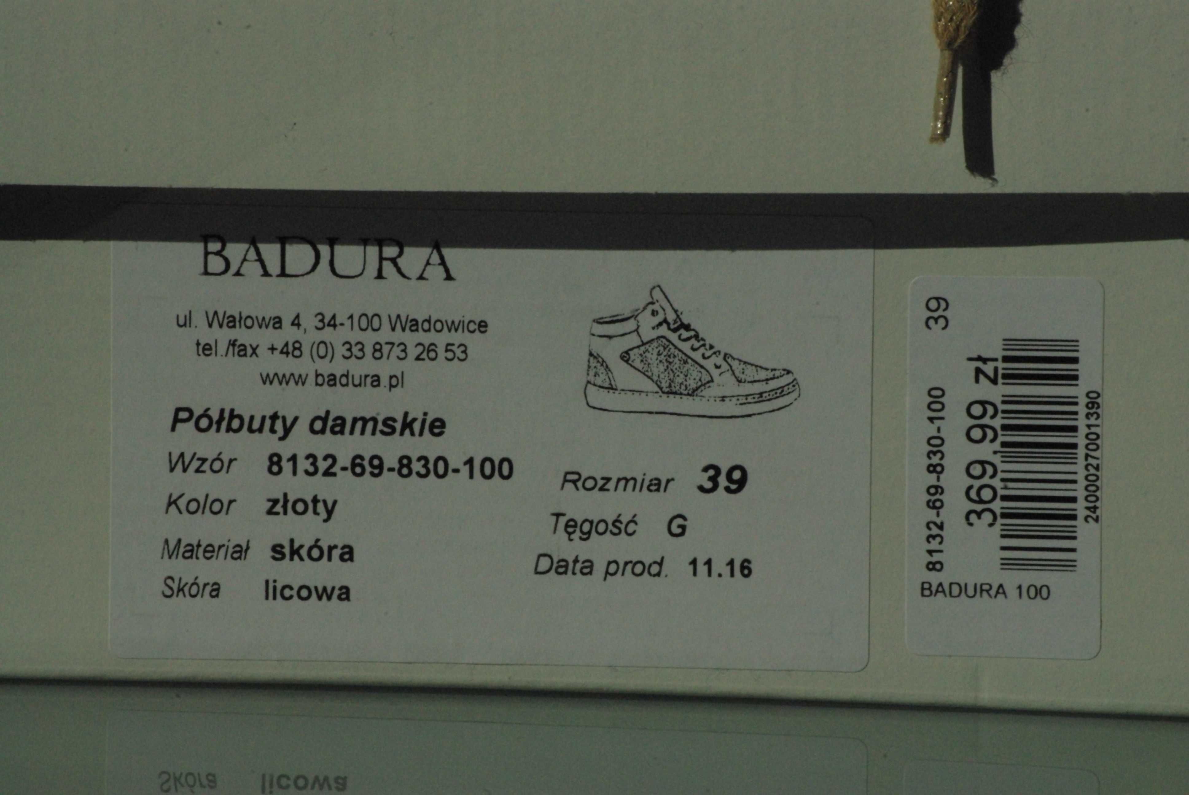 sneakersy złote skórzane BADURA. Rozmiar 29. Nowe