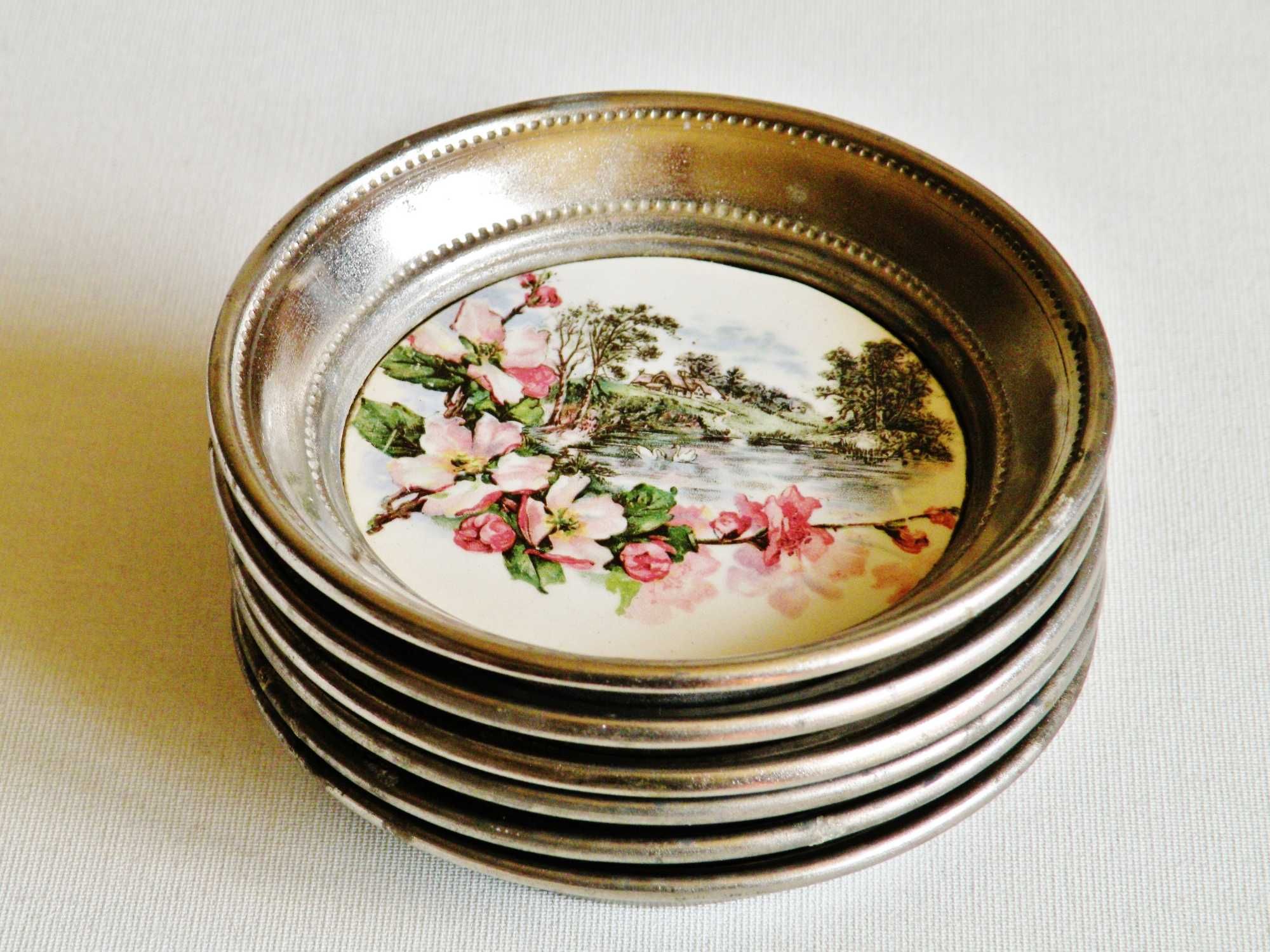 6 spodków porcelano-metalowych pod szklanki , prawdop. przedwojennych