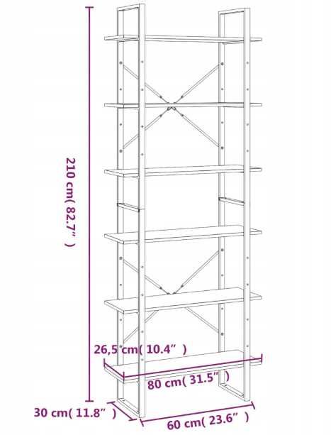 Regał loft, industrial, szary dąb, 80x30x210 cm