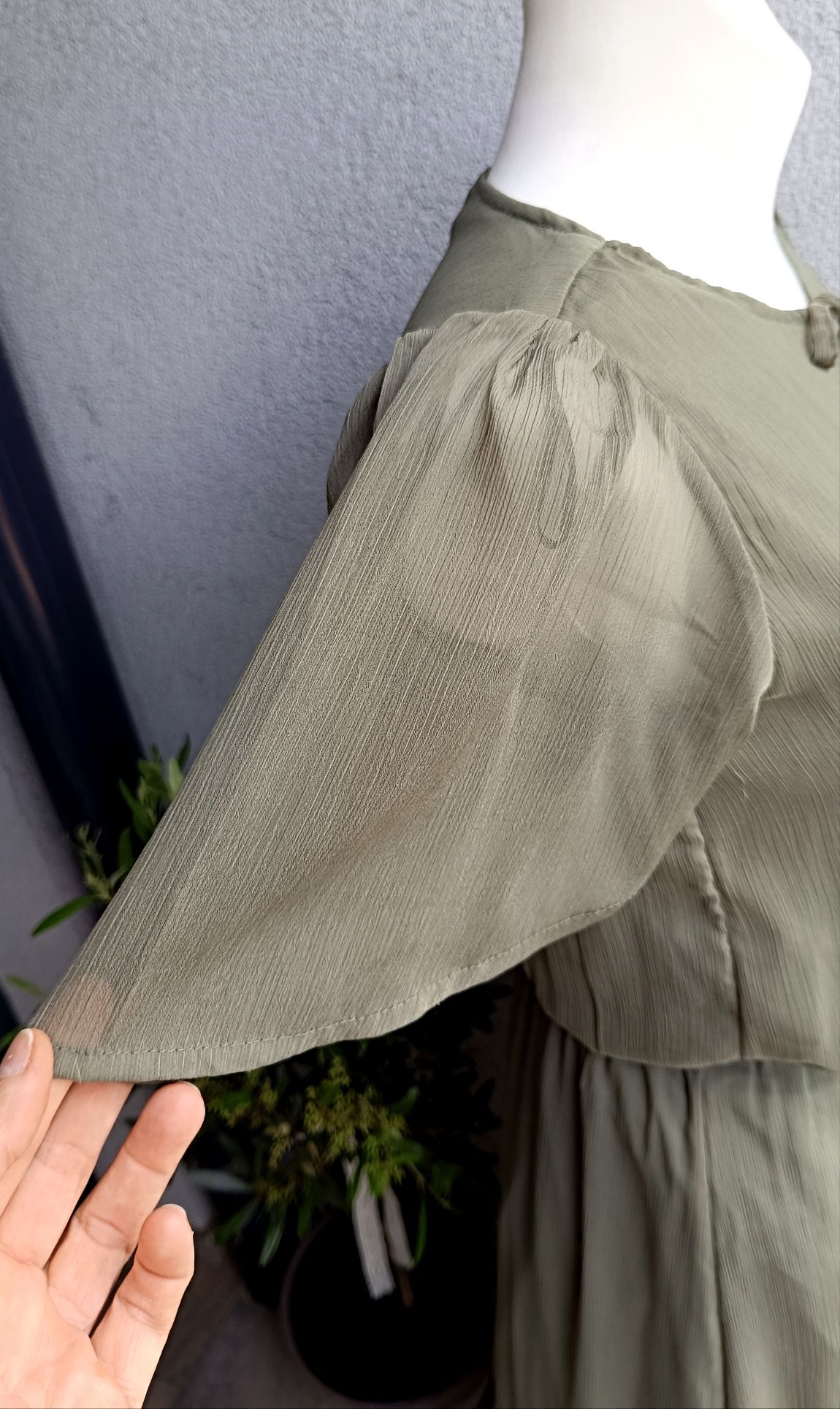 Sukienka midi boho hippie M L biust 48x2 motylkowe rękawy khaki