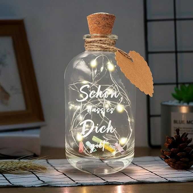 Szklana dekoracyjna butelka ze światełkami LED