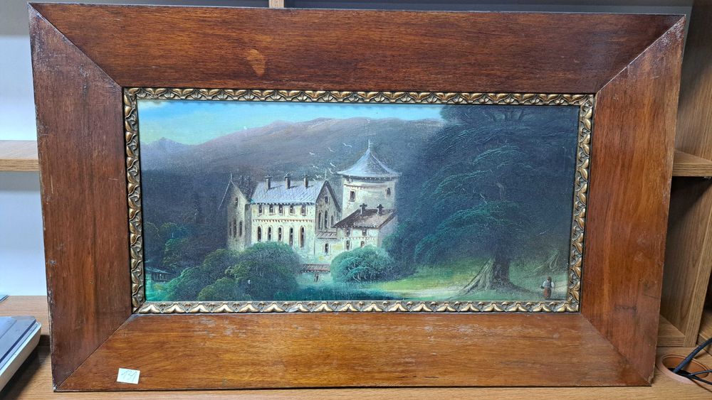 Obraz olejny „Zamek w górach” w drewnianej ramie – 75x45 cm (131)