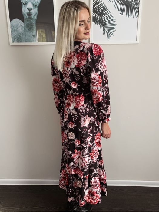 Sukienka w kwiaty midi maxi na guziki długi rękaw wiosenna boho luźna