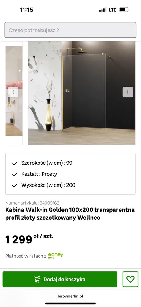 Kabina walk in golden złota 100x200 wellneo