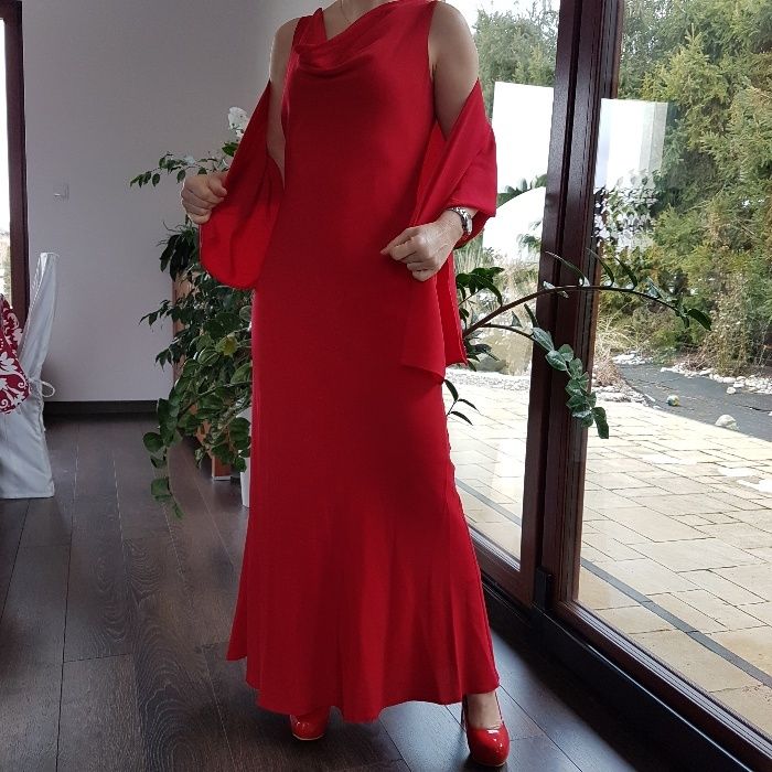 suknia, sukienka maxi czerwona ze skosu roz 36 S