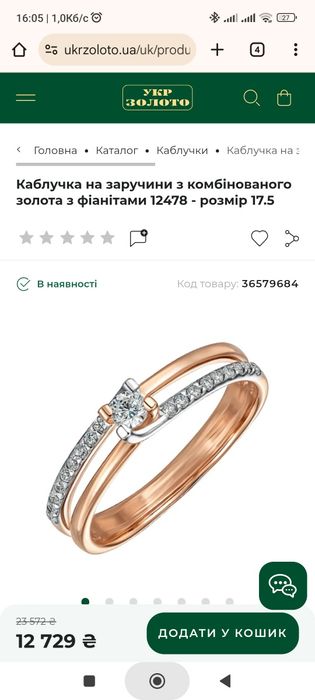 Золота каблучка розмір 17,5