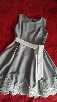 Szara sukienka 38, złoty zamek, wycięcie na plecach, biała koronka