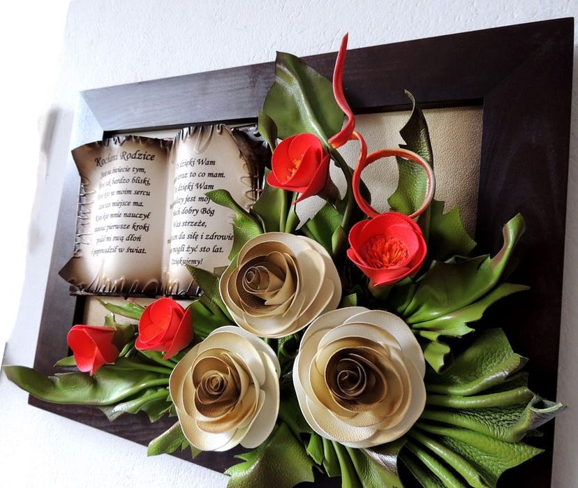 piękne podziękowanie dla rodziców - obraz z dedykacją i kwiatami