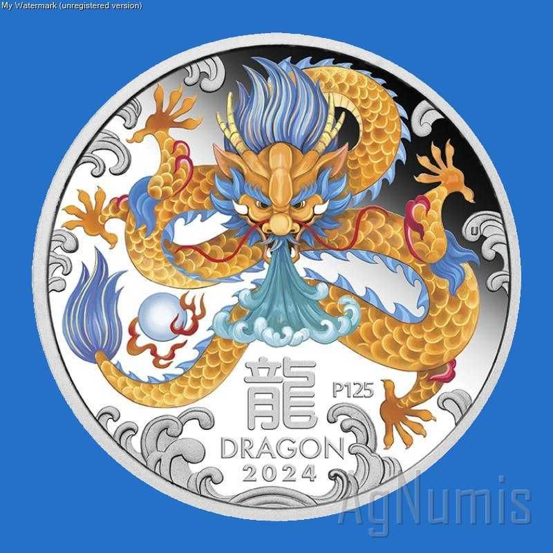 Moeda 1 Onça Prata Pura 9999-Australia Dragão 2024 colorida-Dolar